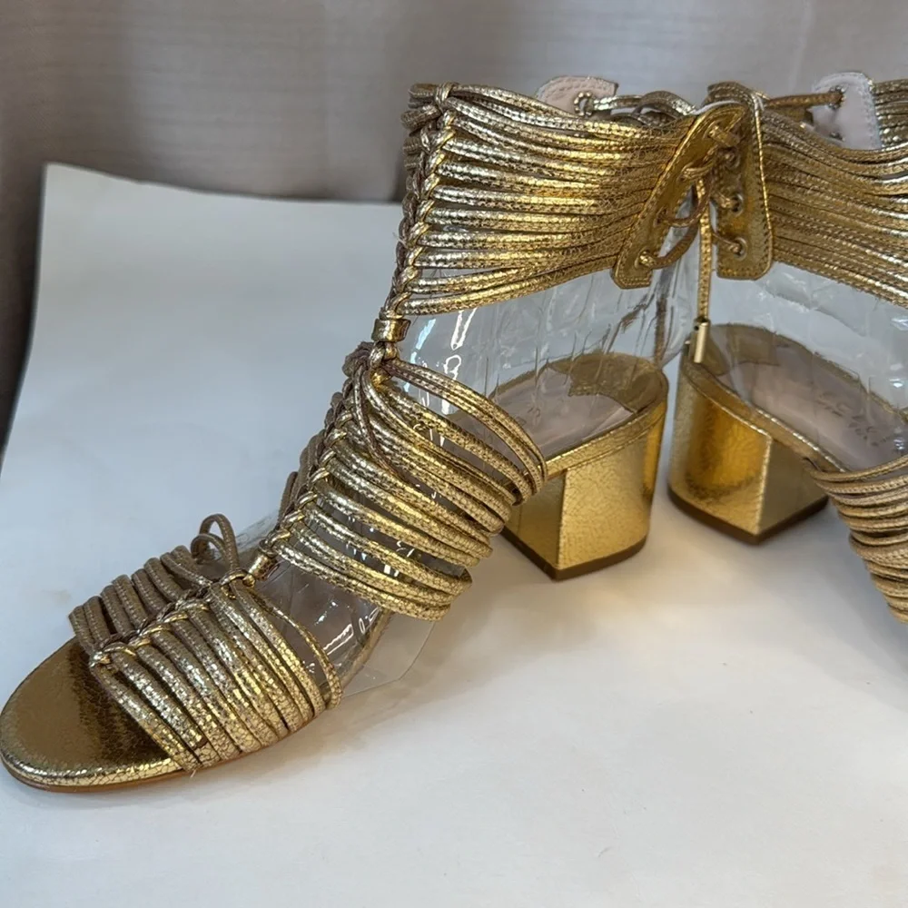 CECILIA NEW YORK Gold Metallic Strappy Block Heel Sandals - Picture 7 of 8